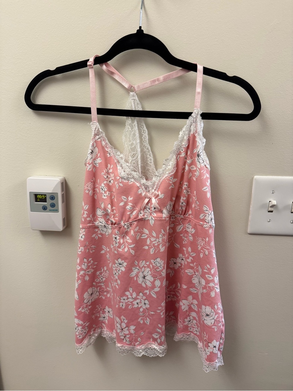 pink sleep camisole with lace trim and back